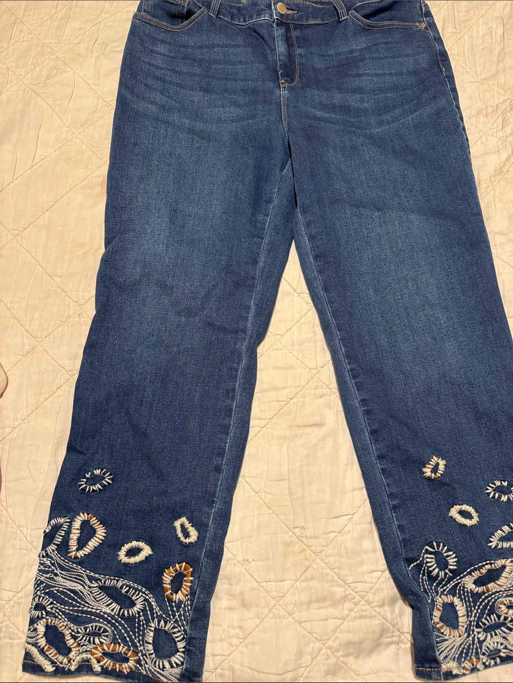 Chico’s Girlfriend Jeans. Embroidered Hem Dark Blue. Size 1.5